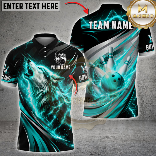 Maxcorners Bowling Howling Wolf Lightning Bowling Ball Design Multicolor Customized Name, Team Name 3D Shirts