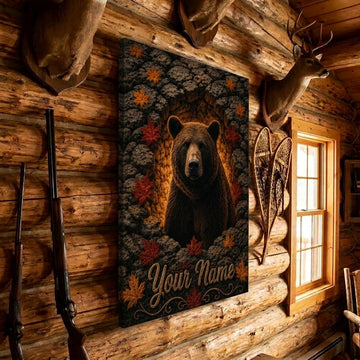 Maxcorners Bear Hunting Brown Bear Autumn Maple Leaves Forest Cave Personalized Name Canvas Wall Art