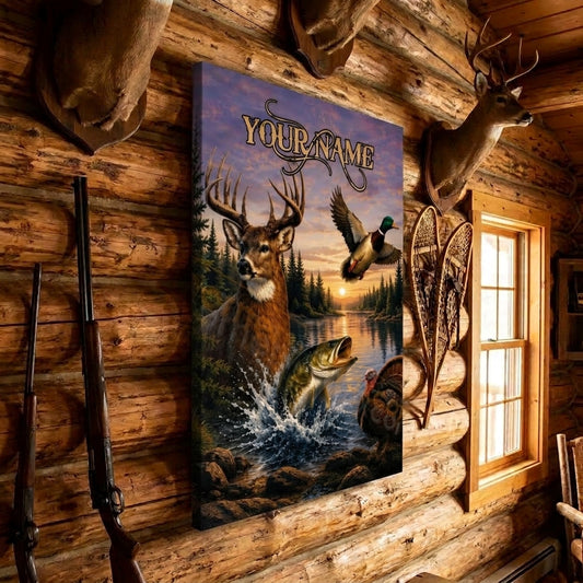 Maxcorners Hunting Deer Duck Bass Turkey Lake Sunset Wildlife Scene Canvas Wall Art
