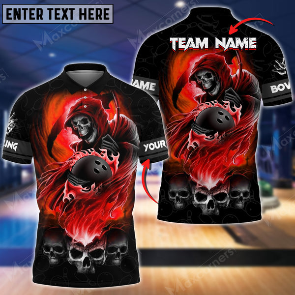 Max Corner Bowling and Pins Reaper Fire Pattern Multicolored Bowling jerseys Custom Name And Team 3D Polo Shirt