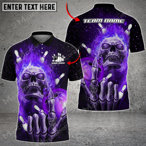 Max Corner Bowling and Pins Skull Fire Pattern Multicolored Bowling jerseys Custom Name And Team 3D Polo Shirt