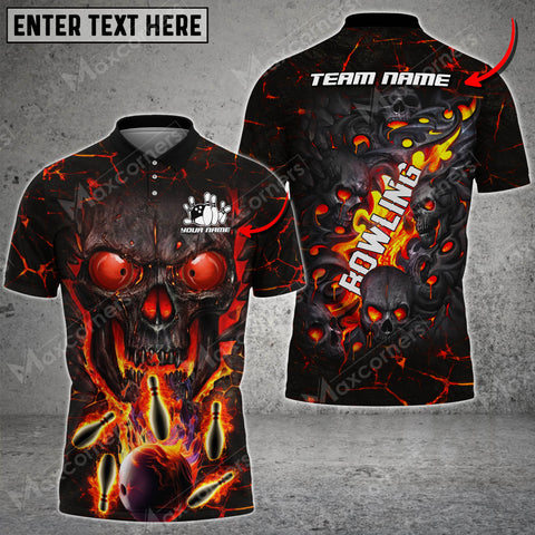 Max Corner Bowling and Pins Skull Magma Pattern Multicolored Bowling jerseys Custom Name And Team 3D Polo Shirt