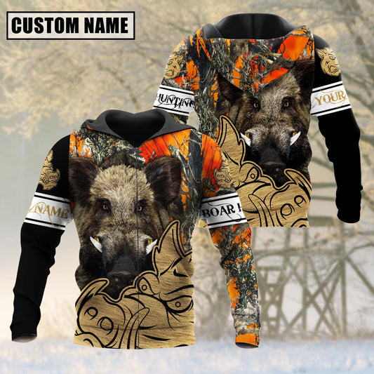 Maxcorners Custom Name Orange Camouflage Boar Hunting Shirt 3D All Over Printed Clothes