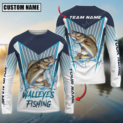 Maxcorners Walleyes Fishing Blue Water Pro Sport Jersey Personalized Name, Team Name Long Sleeve Shirt