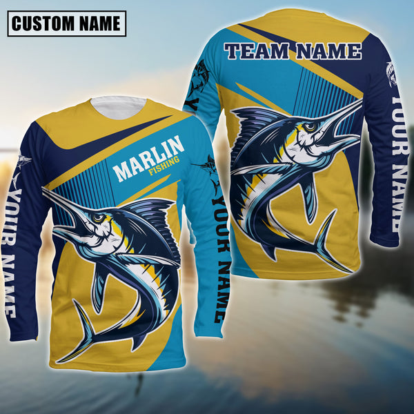 Maxcorners Marlin Fishing V Line Blue Pattern Sport Jersey Personalized Name Long Sweat Shirt