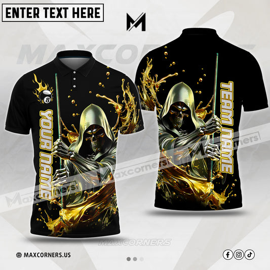 Maxcorners Billiard Skull Reaper Ball 8 Flame Logo Multicolor Options Personalized Name, Team Name 3D Polo Shirt (4 Colors)
