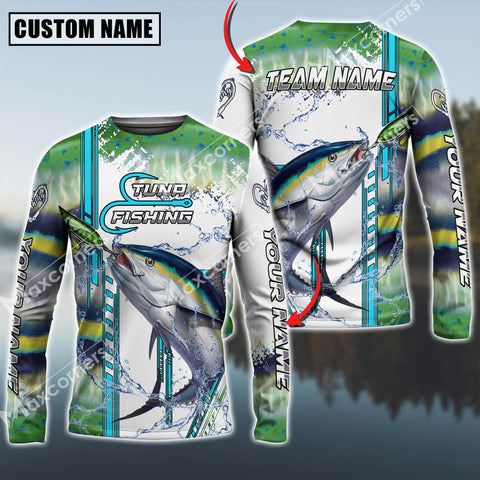 Maxcorners Tuna Fishing Blue Line Skin Fish Pattern Sun Protection Personalized Name And Team Name Long Sweat Shirt