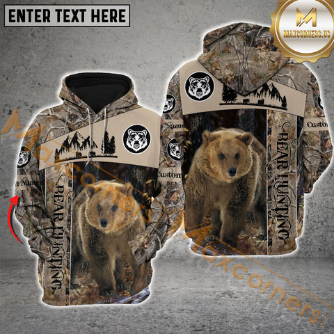 Maxcorners Bear Hunting Leather Brown Camo Pattern Custom Name Shirt 3D All Over Printed Clothes