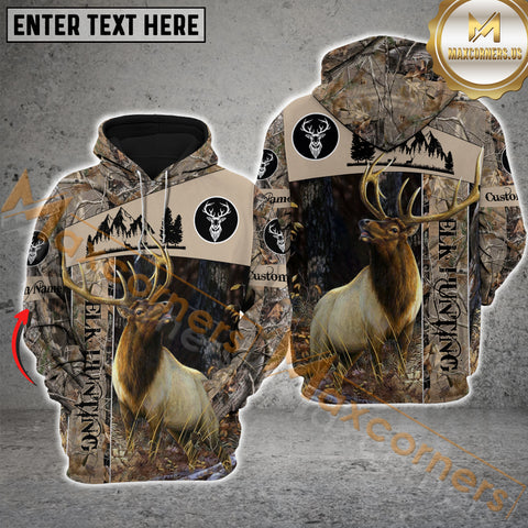 Maxcorners Elk Hunting Leather Brown Camo Pattern Custom Name Shirt 3D All Over Printed Clothes