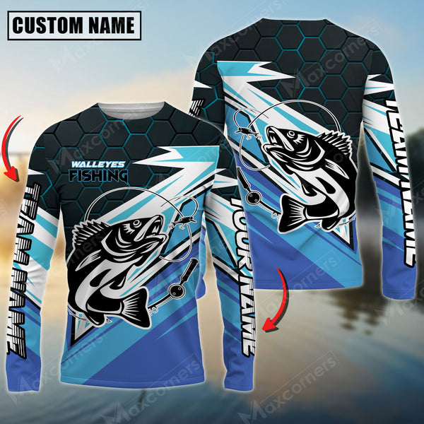 Maxcorners Walleyes Fishing Hexagon Pattern Pro Sport Jersey Sun Protection Personalized Name, Team Name Long Sleeve Shirt