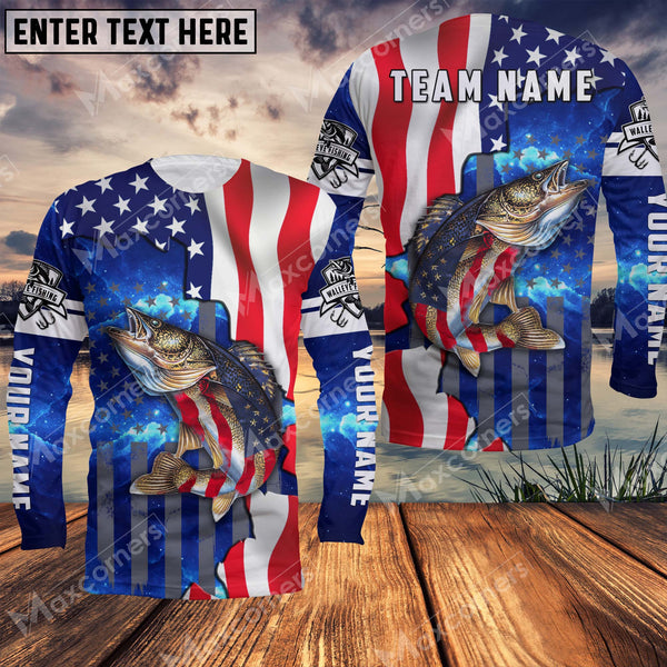 Maxcorners Walleye Fishing American Flag Patriotic UV Protection Personalized Name And Team Name Long Sweat Shirt