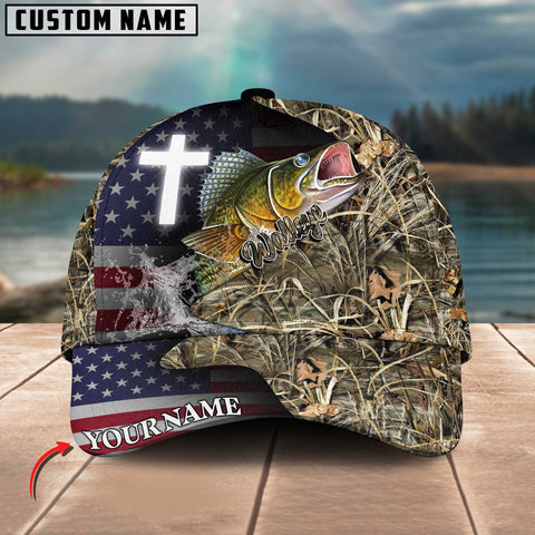 Maxcorners Personalized Walleye Fishing Grass Camo And US Flag Pattern Premium Classic 3D Cap