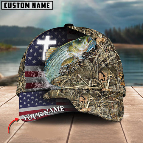 Maxcorners Personalized Stripped Bass Fishing Grass Camo And US Flag Pattern Premium Classic 3D Cap