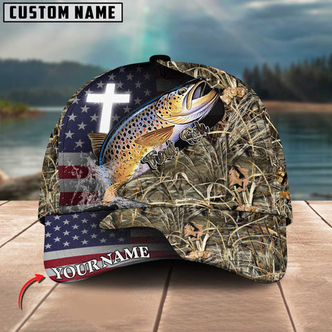 Maxcorners Personalized Trout Fish Fishing Grass Camo And US Flag Pattern Premium Classic 3D Cap
