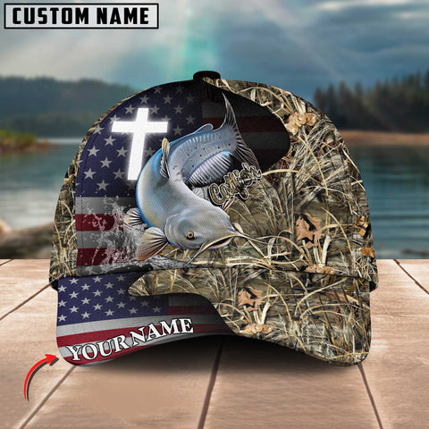 Maxcorners Personalized Catfish Fishing Grass Camo And US Flag Pattern Premium Classic 3D Cap