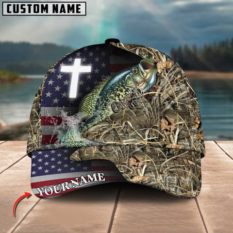 Maxcorners Personalized Crappie Fishing Grass Camo And US Flag Pattern Premium Classic 3D Cap