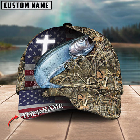 Maxcorners Personalized Salmon Fishing Grass Camo And US Flag Pattern Premium Classic 3D Cap
