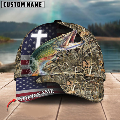 Maxcorners Personalized Pike Fishing Grass Camo And US Flag Pattern Premium Classic 3D Cap