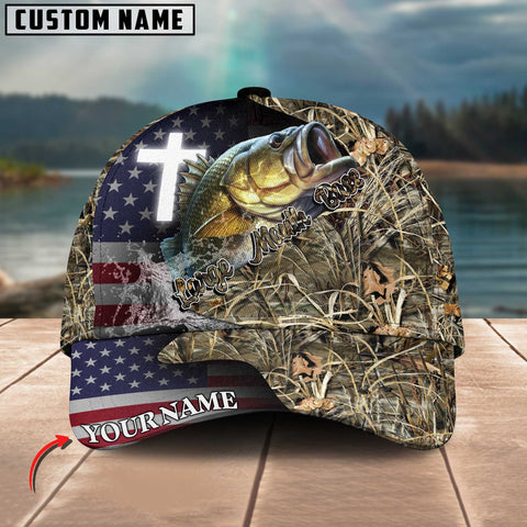 Maxcorners Personalized Large Mouth Bass Fishing Grass Camo And US Flag Pattern Premium Classic 3D Cap
