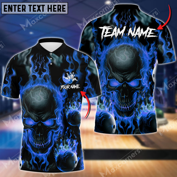 MaxCorner Flame Skull Bowling and Pins Customized Name And Team Name 3D Polo Shirt