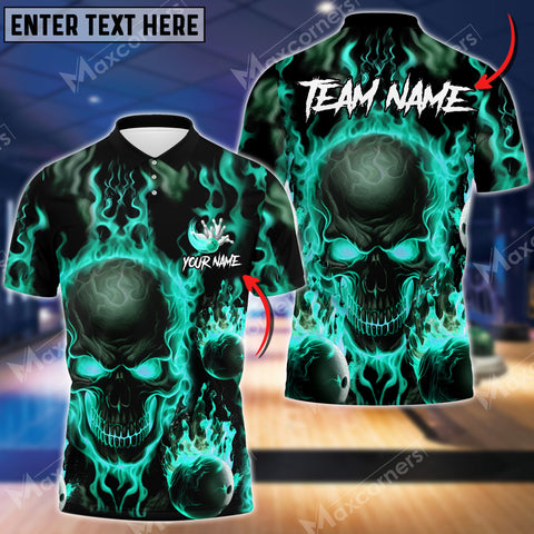 MaxCorner Flame Skull Bowling and Pins Customized Name And Team Name 3D Polo Shirt