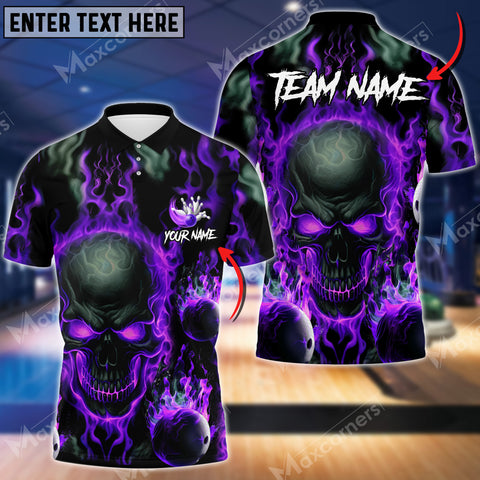 MaxCorner Flame Skull Bowling and Pins Customized Name And Team Name 3D Polo Shirt