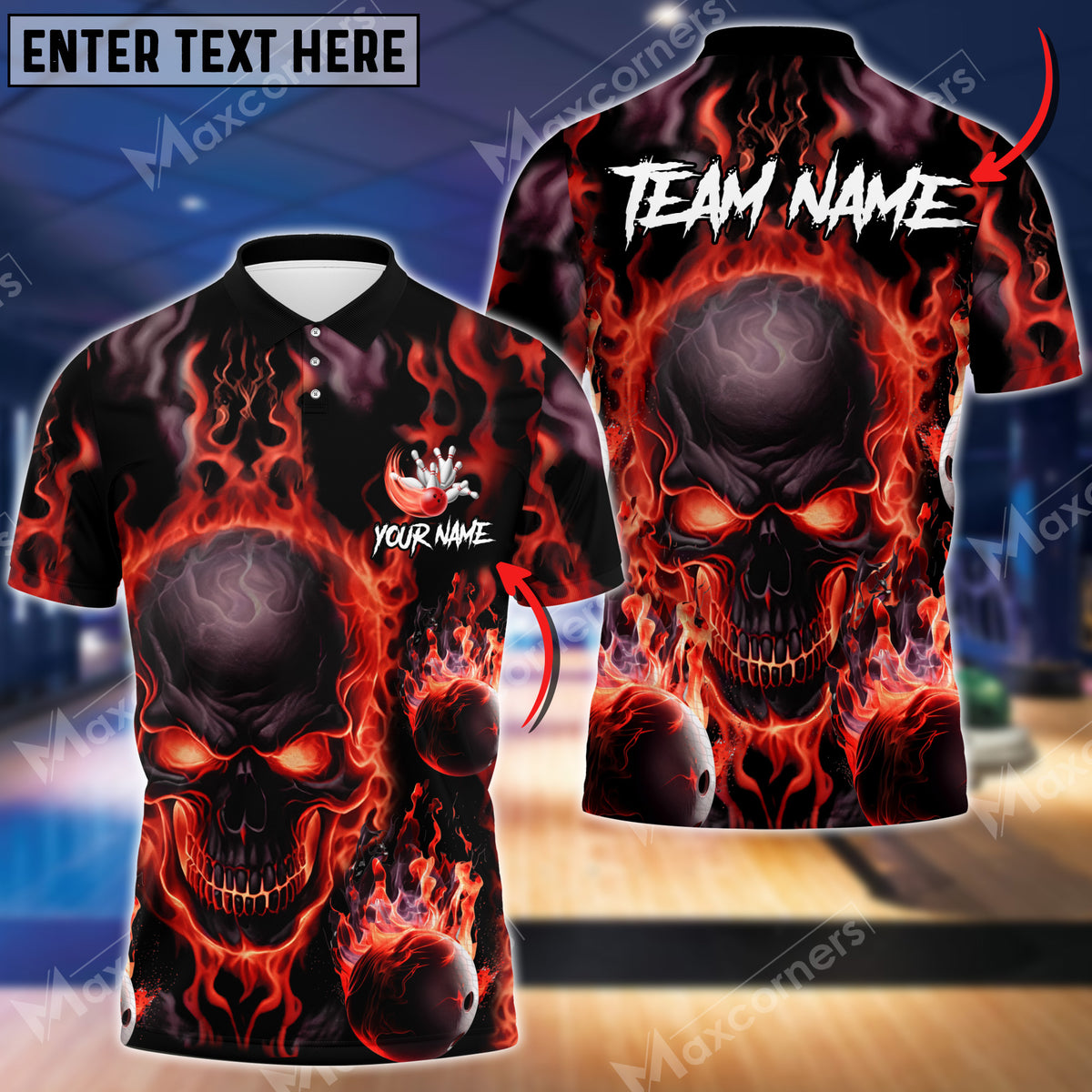 MaxCorner Flame Skull Bowling and Pins Customized Name And Team Name 3D Polo Shirt