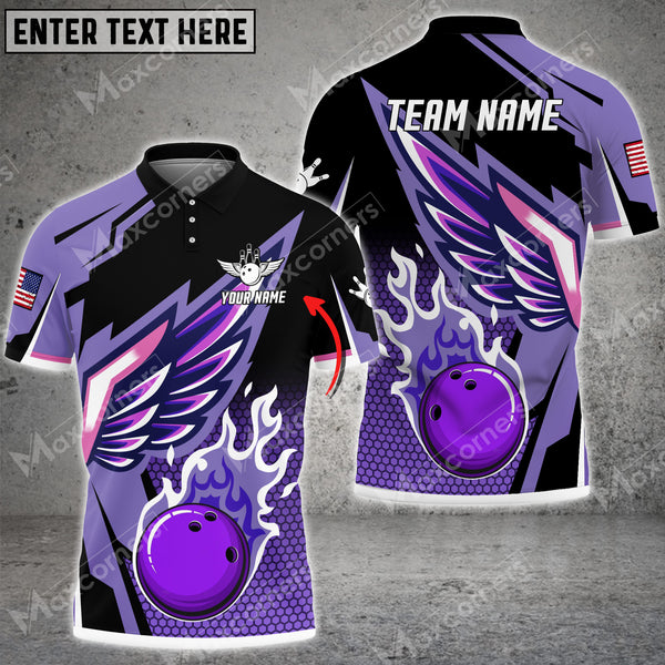 MaxCorner Bowling and Pins Cool Wings Pattern Multicolor Option Customized Name And Team Name Polo Shirt (4 Colors)