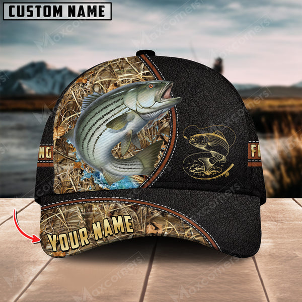 Maxcorners Personalized Stripped Bass Fishing Grass Camo Pattern Premium Classic 3D Cap