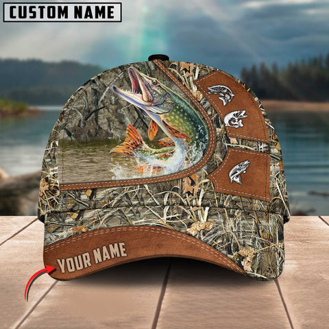 Maxcorners Personalized Pike Fishing Nature Leather Pattern Classic 3D Cap