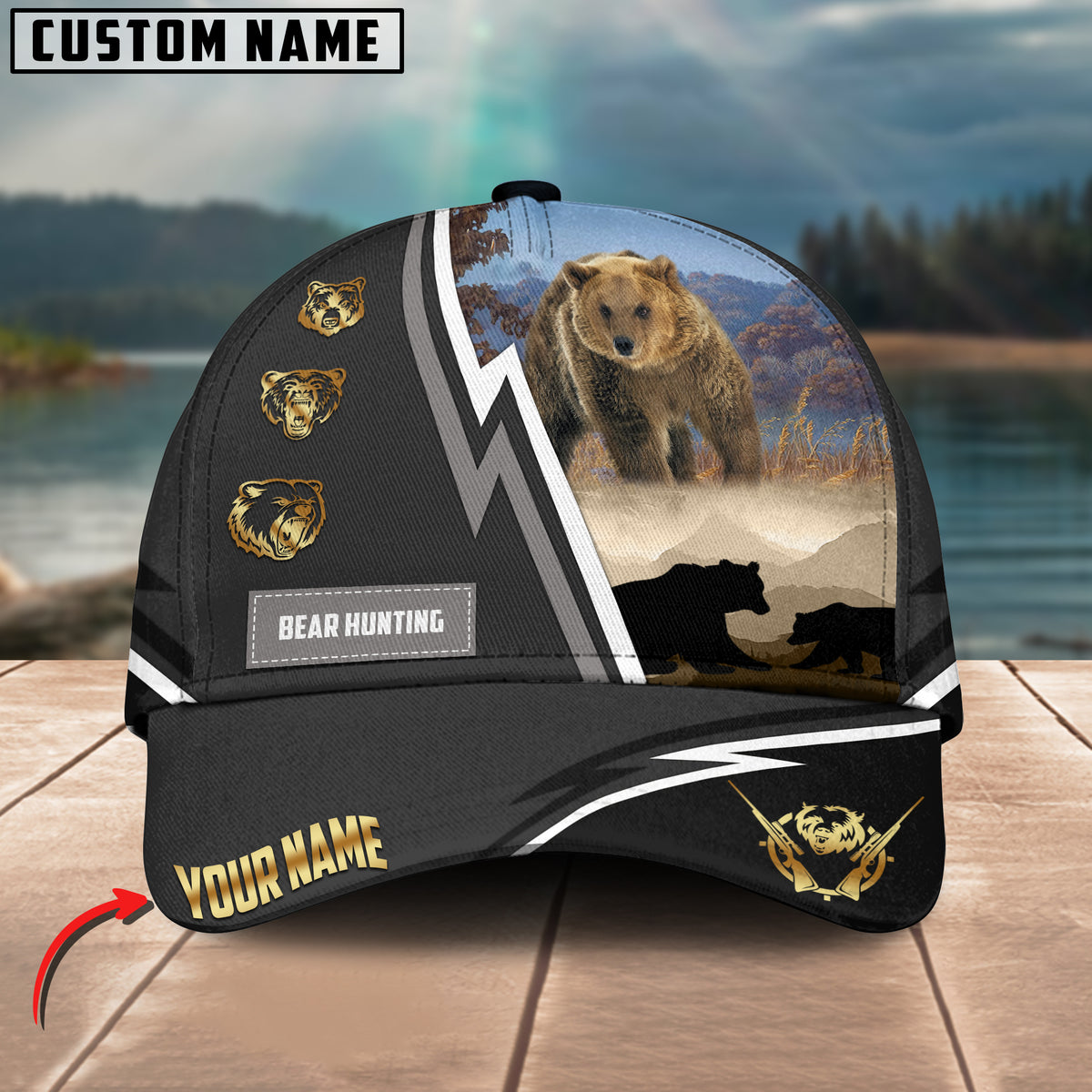 Maxcorners Bear Hunting White Line Grey Pattern Multicolor Personalized Name 3D Cap