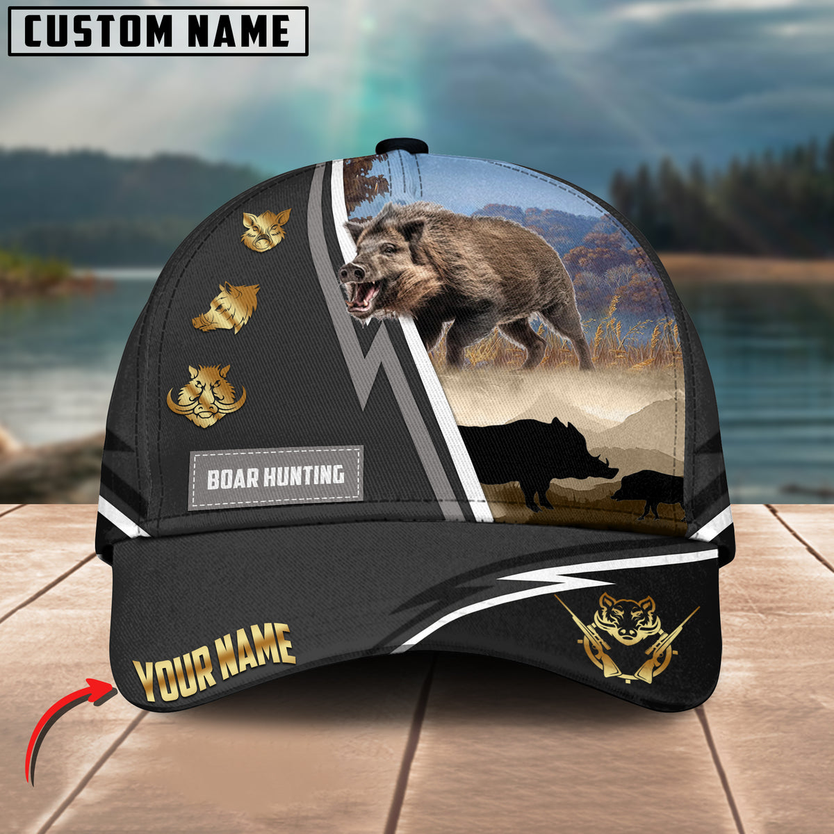 Maxcorners Boar Hunting White Line Grey Pattern Multicolor Personalized Name 3D Cap