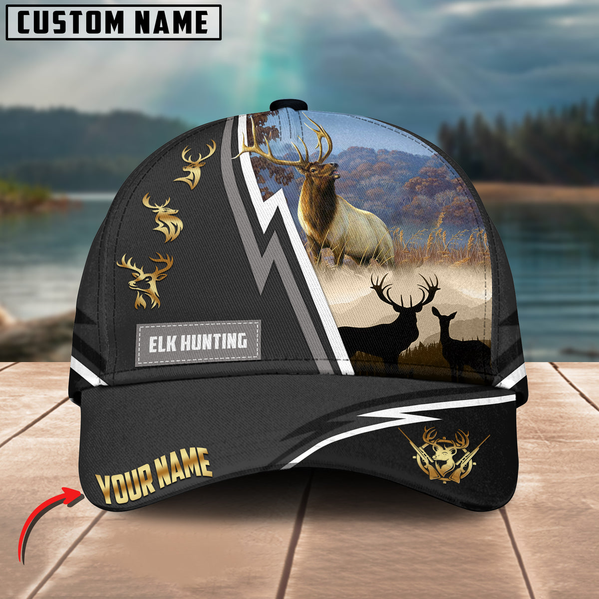 Maxcorners Elk Hunting White Line Grey Pattern Multicolor Personalized Name 3D Cap