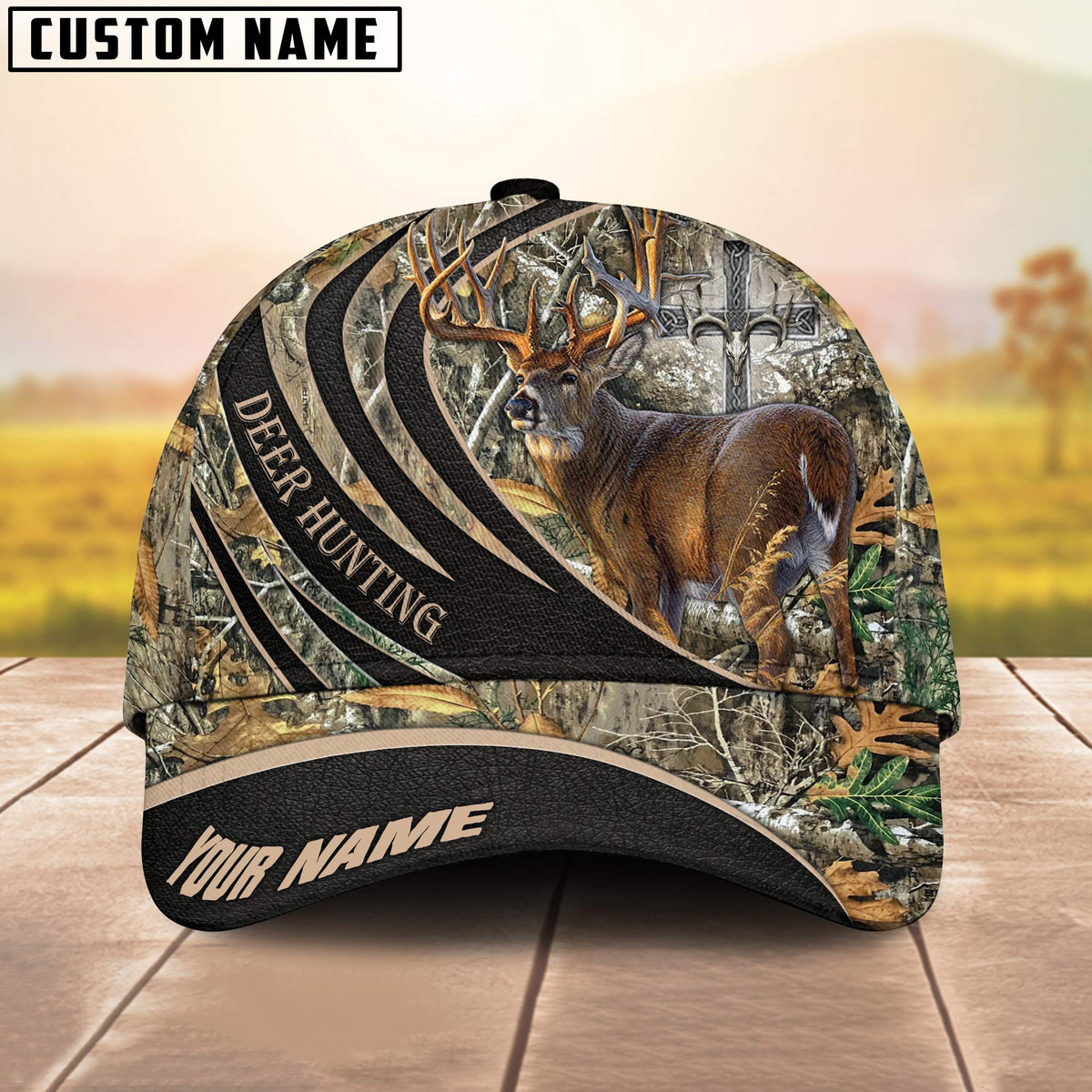 Maxcorners Flag Deer Hunting Art Black Leather Pattern Personalized Hats 3D Multicolored