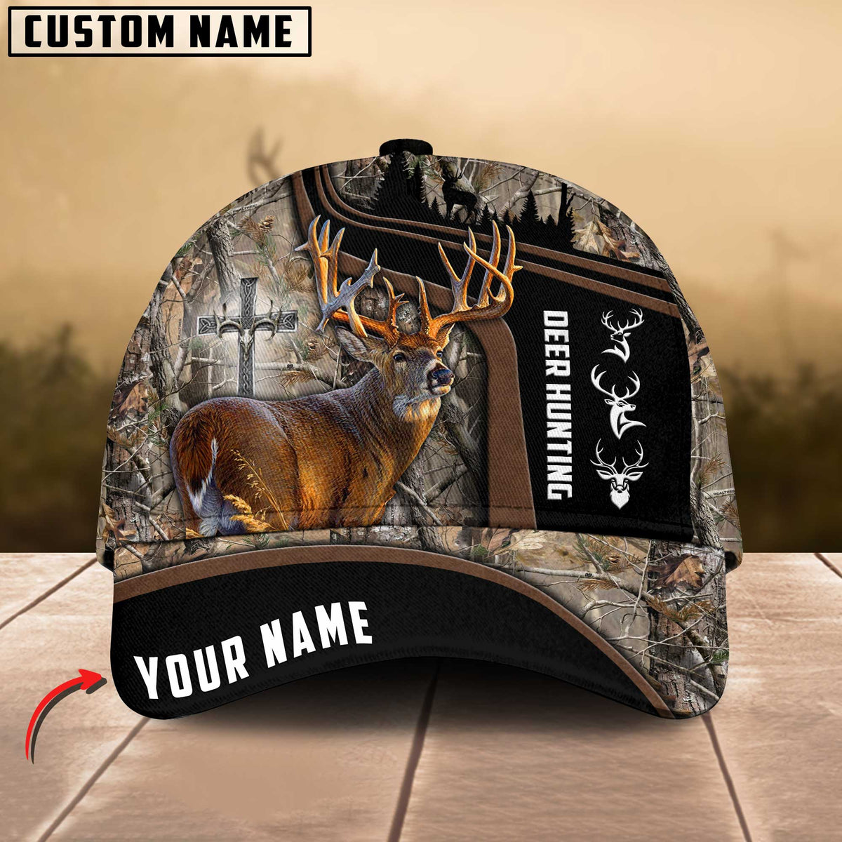 Maxcorners Deer Hunting Cross Art Leather Pattern Art Hunting Personalized Cap 3D Multicolored