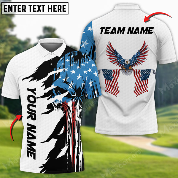 Maxcorners Skull US Flag Pattern Golf Customized 3D Polo Shirt