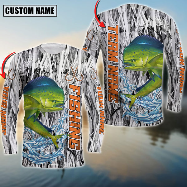 Maxcorners Mahi-mahi Fishing Grass Camo Pattern Premium Personalized Name And Team Name Long Sweat Shirt