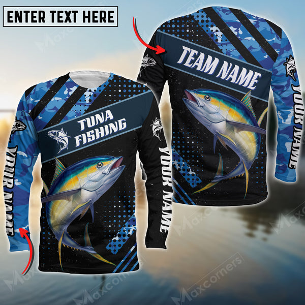 Maxcorners Tuna Fishing Blue Camo Pattern Personalized Name And Team Name Long Sweat Shirt