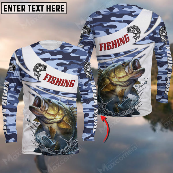 Maxcorners Bass Fishing Blue Camo Pattern, Bass Fishing Jerseys Personalized Name And Team Name Long Sweat Shirt