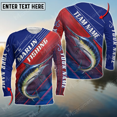 Maxcorners Marlin Fishing Red And Blue Pattern Personalized Name And Team Name Long Sweat Shirt