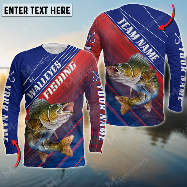 Maxcorners Walleyes Fishing Red And Blue Pattern Personalized Name And Team Name Long Sweat Shirt