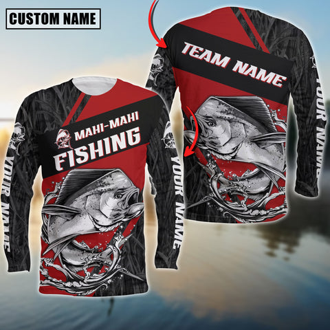 Maxcorners Mahi-mahi Fishing Black And Red Grass Camo Pattern Personalized Name And Team Name Long Sweat Shirt