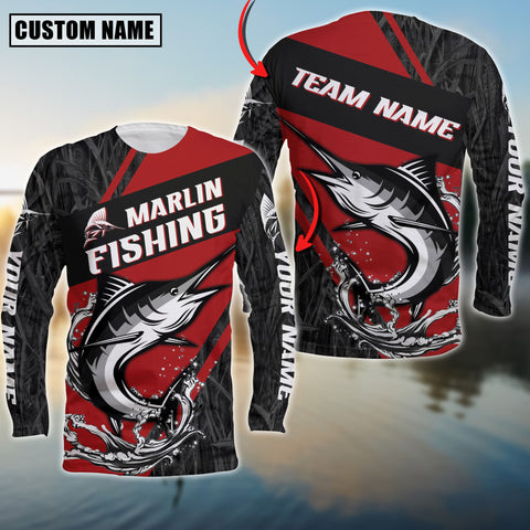 Maxcorners Marlin Fishing Black And Red Grass Camo Pattern Personalized Name And Team Name Long Sweat Shirt