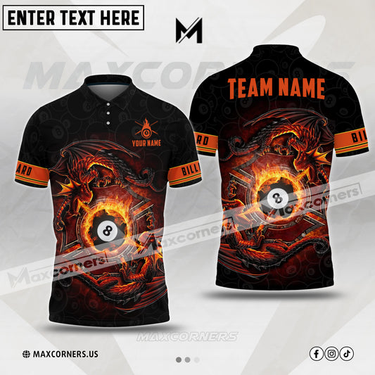 Maxcorners Billiards Dragon Fire Ball 8 Pattern Multicolor Options Personalized Name, Team Name 3D Polo Shirt (4 Colors)
