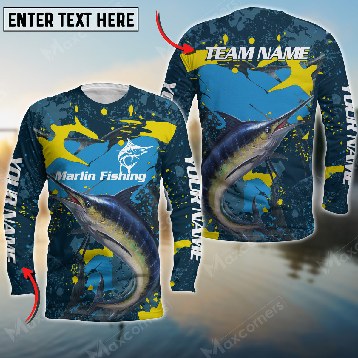 Maxcorners Marlin Paint Pattern Sport Jersey Navy Personalized Name Long Sweat Shirt