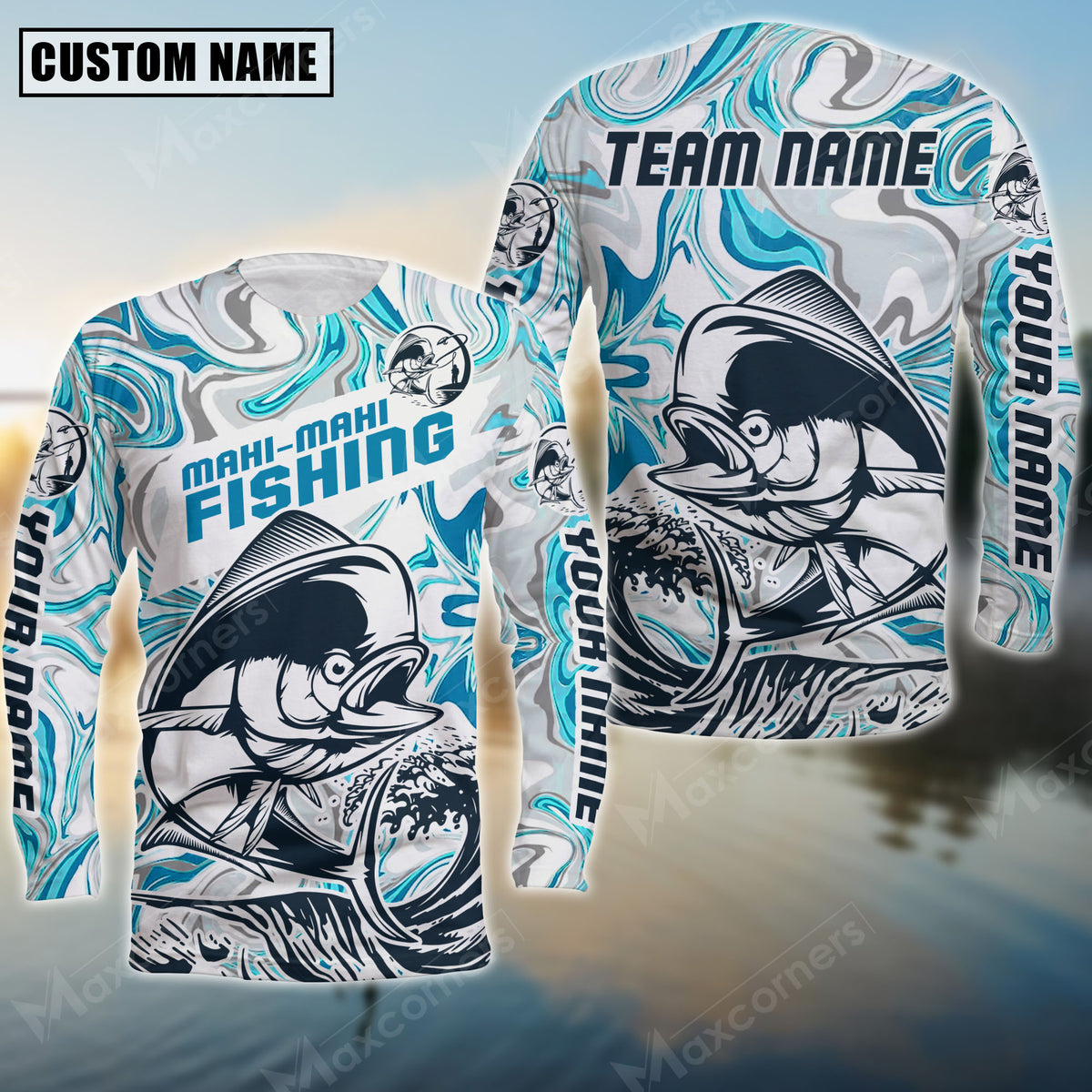 Maxcorners Mahi-mahi Art White Blue Water Pattern Sport Jersey Personalized Name Long Sweat Shirt