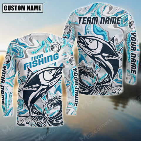 Maxcorners Tuna Art White Blue Water Pattern Sport Jersey Personalized Name Long Sweat Shirt