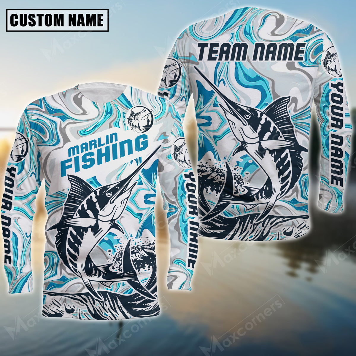 Maxcorners Marlin Art White Blue Water Pattern Sport Jersey Personalized Name Long Sweat Shirt