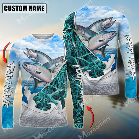 Maxcorners Salmon Fishing Blue Fisherman Grass Camo Personalized Name, Team Name Long Sleeve Shirt