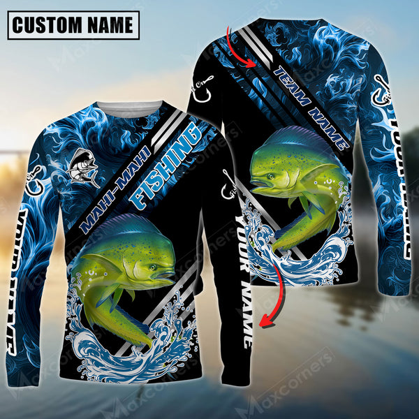 Maxcorners Mahi-Mahi Fishing Blue Smoke Water Pattern Pro Sport Jersey Sun Protection Personalized Name And Team Name Long Sleeve Shirt